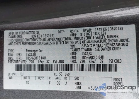 2014 Ford Fiesta Se из США, поврежденный, VIN 3FADP4BJ1EM235060